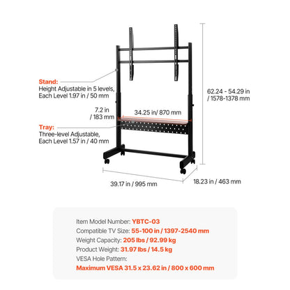VEVOR Rolling TV Stand Mobile TV Cart Holds Up to 92.99 kg for 55-100 Inch TVs