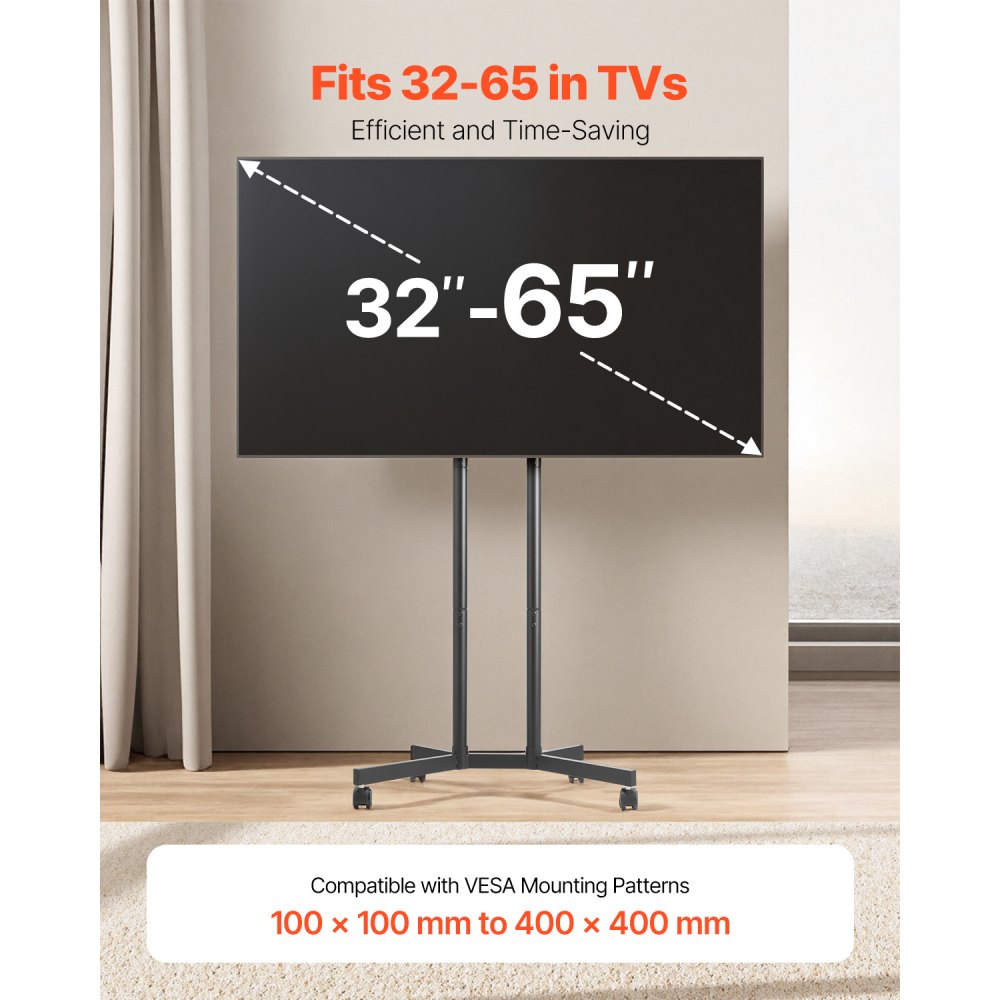 VEVOR Rolling TV Stand Mobile TV Cart Holds Up to 40 kg for 32-65 Inch Screens