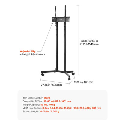 VEVOR Rolling TV Stand Mobile TV Cart Holds Up to 40 kg for 32-65 Inch Screens