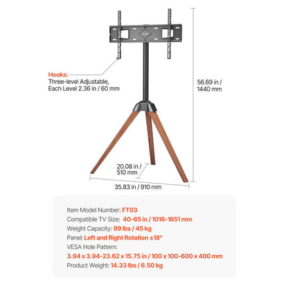 VEVOR Tripod Easel TV Stand Wood Legs Holds up to 45 kg for 40-65 Inch Screens