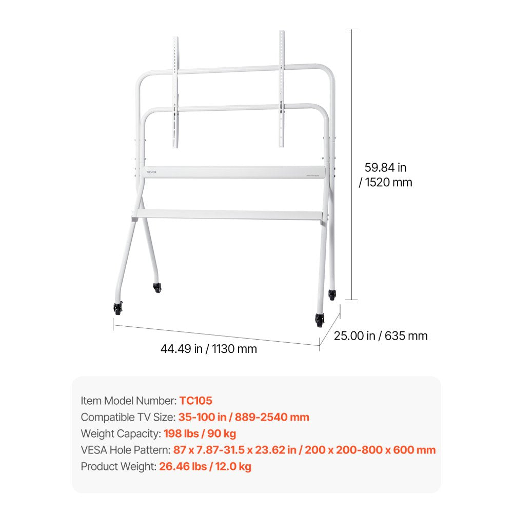 VEVOR Rolling TV Stand Mobile TV Cart Holds Up to 90 kg for 35-100 In Screens