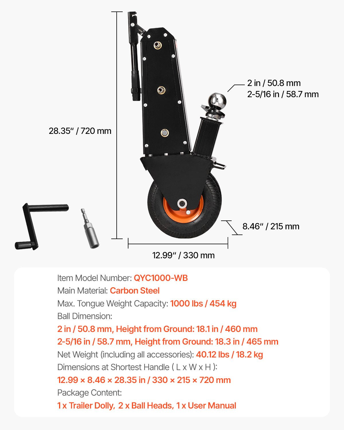 Trailer Dolly 1000lbs Weight Capacity Trailer Mover Dolly 2 and 2-5/16 in Balls
