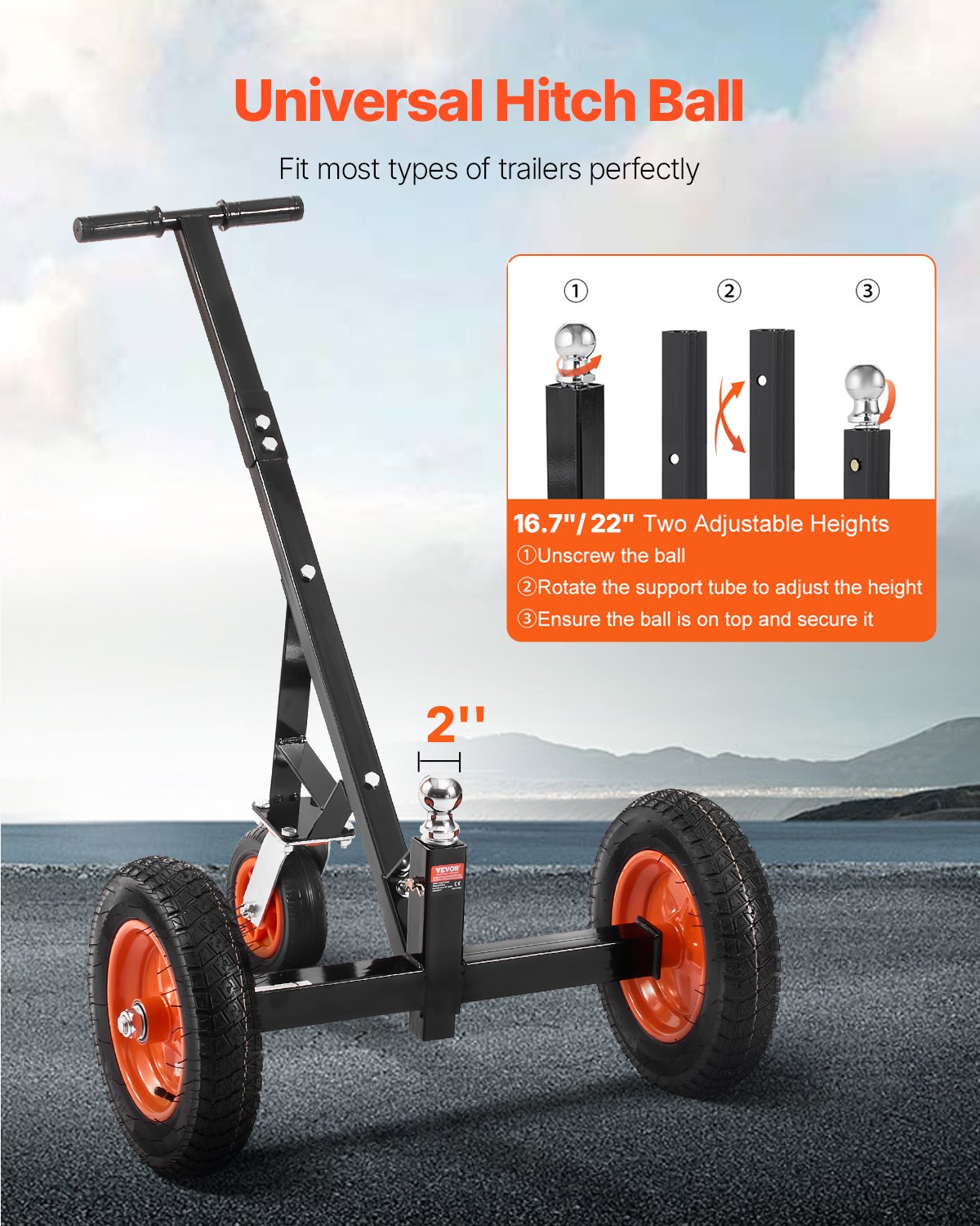 VEVOR 454kg Trailer Dolly 16.7 and 22 in Adjustable Height 2 in Ball 14 in Tires 1000lbs
