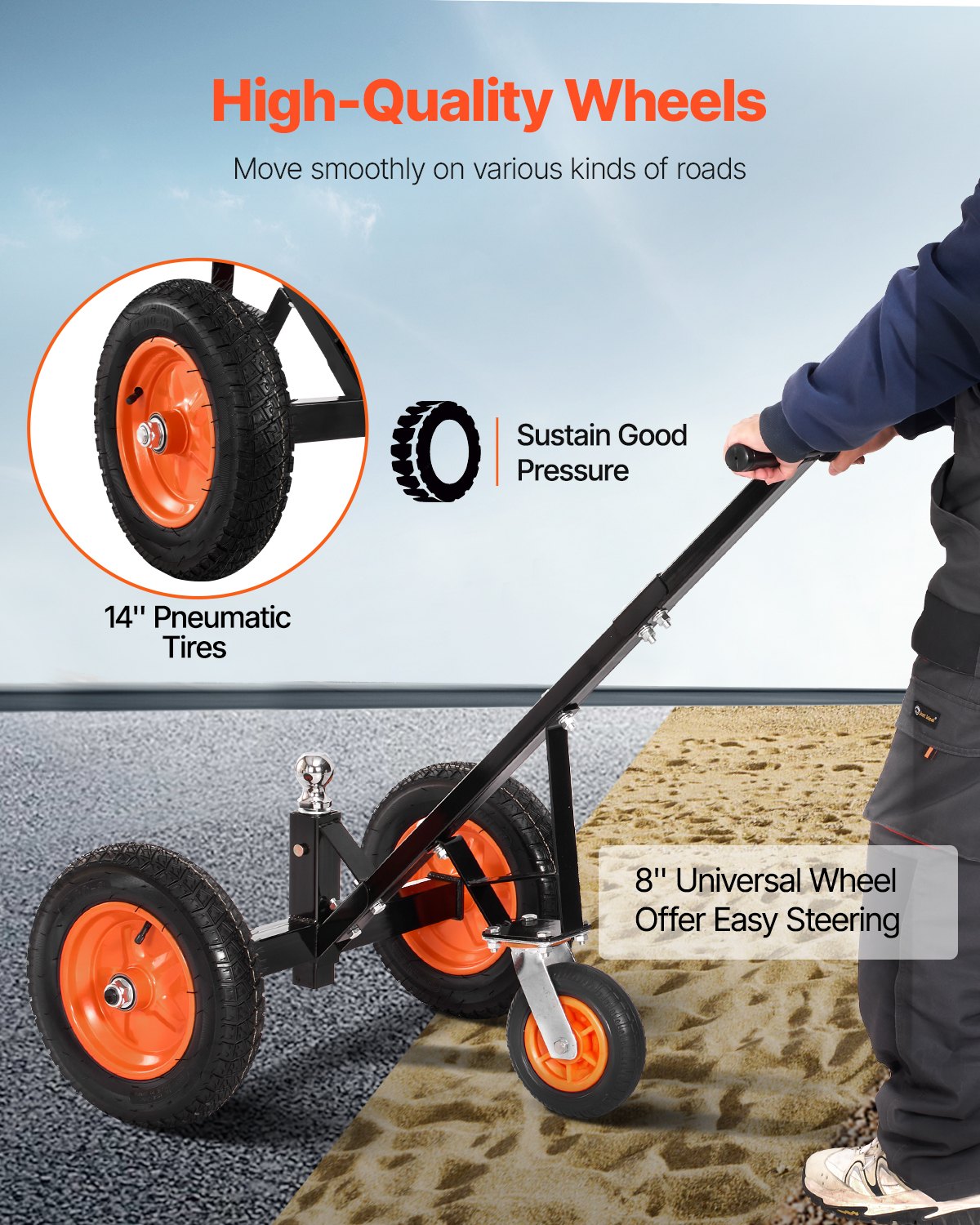 VEVOR 454kg Trailer Dolly 16.7 and 22 in Adjustable Height 2 in Ball 14 in Tires 1000lbs