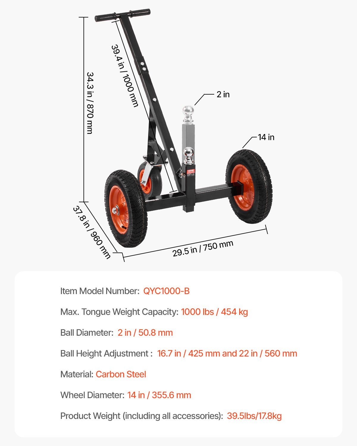 VEVOR 454kg Trailer Dolly 16.7 and 22 in Adjustable Height 2 in Ball 14 in Tires 1000lbs