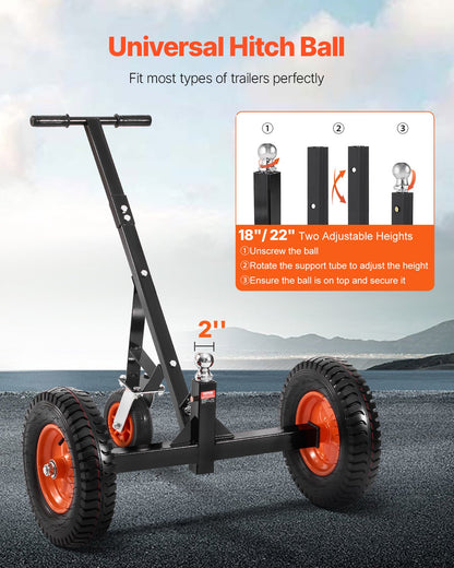VEVOR 544kg Trailer Dolly 18 and 22 in Adjustable Height 2 in Ball 15.2 in Tires 1200lbs