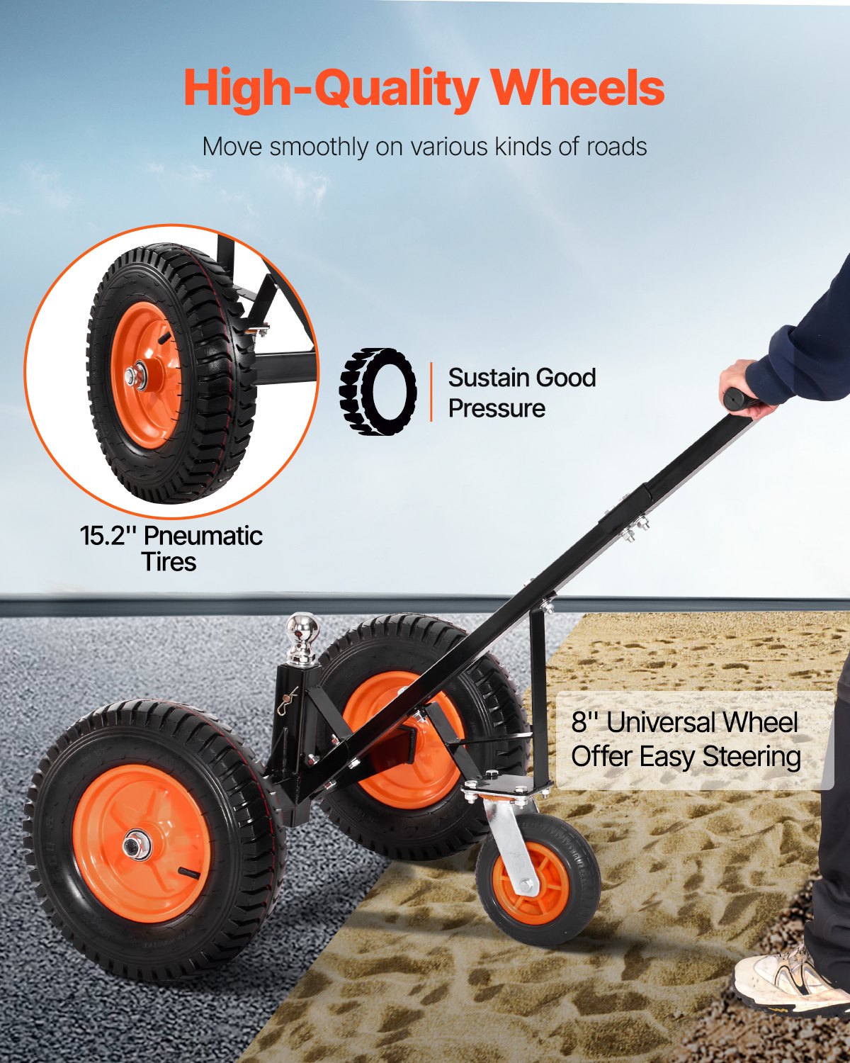 VEVOR 544kg Trailer Dolly 18 and 22 in Adjustable Height 2 in Ball 15.2 in Tires 1200lbs