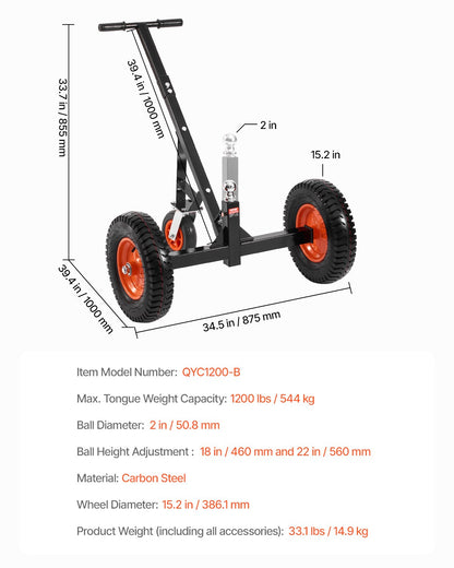 VEVOR 544kg Trailer Dolly 18 and 22 in Adjustable Height 2 in Ball 15.2 in Tires 1200lbs