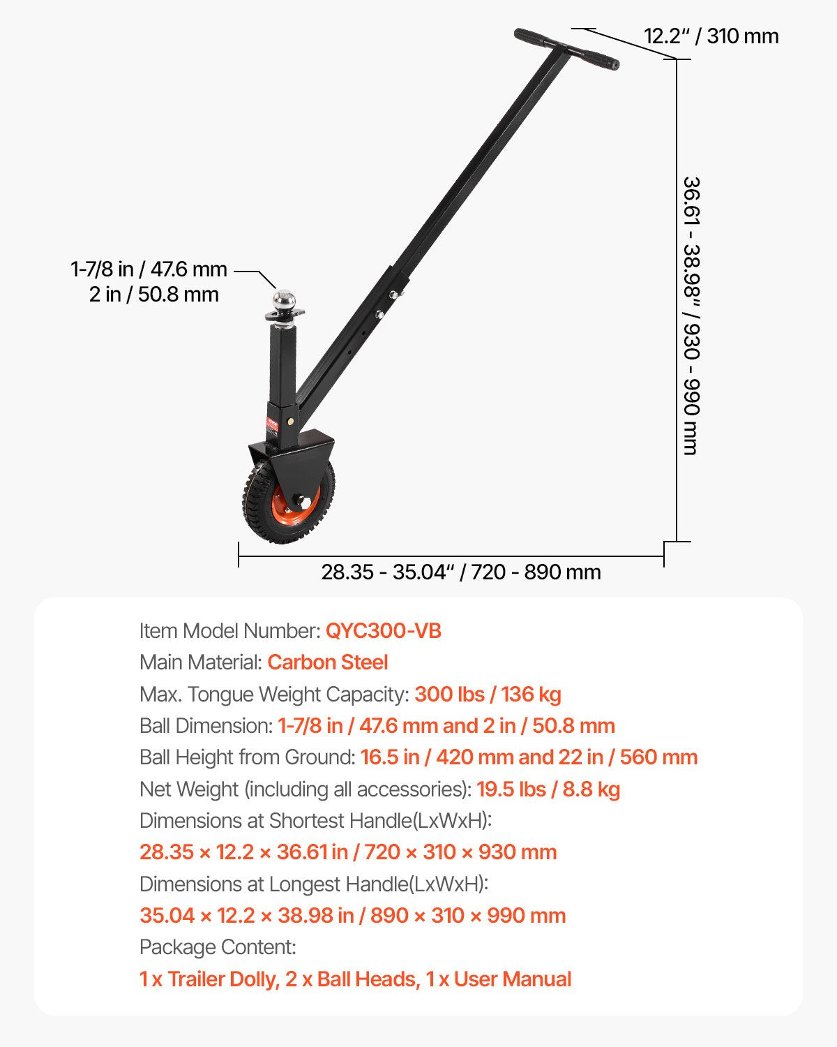 VEVOR 136kg Adjustable Trailer Dolly 16.5 and 22 in Height 1-7/8 and 2 in Balls 300lbs