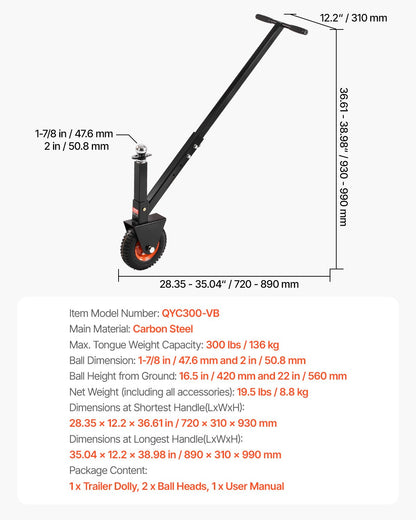 VEVOR 136kg Adjustable Trailer Dolly 16.5 and 22 in Height 1-7/8 and 2 in Balls 300lbs