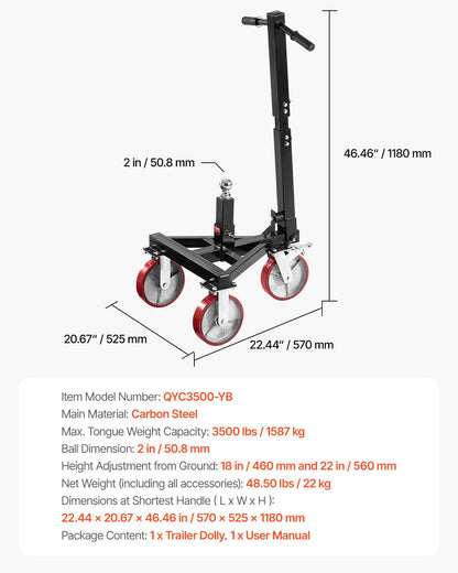 VEVOR Trailer Dolly 1587kg Tongue Weight Capacity 18 and 22 inch Height Adjustable 3500lbs