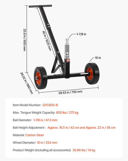 VEVOR 272kg Trailer Dolly 16.5 and 22 inAdjustable Height 1-7/8 in Ball Solid Tires 600lbs