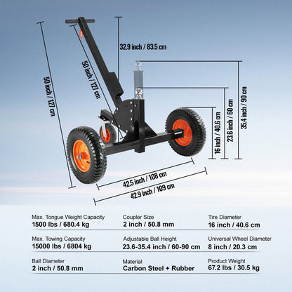 Adjustable Trailer Dolly, 680 kg Capacity, 2-in-1 Mover with Pneumatic Tires