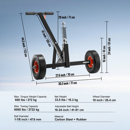 VEVOR Adjustable Trailer Dolly, 600lbs Tongue Weight Capacity, Carbon Steel Trailer