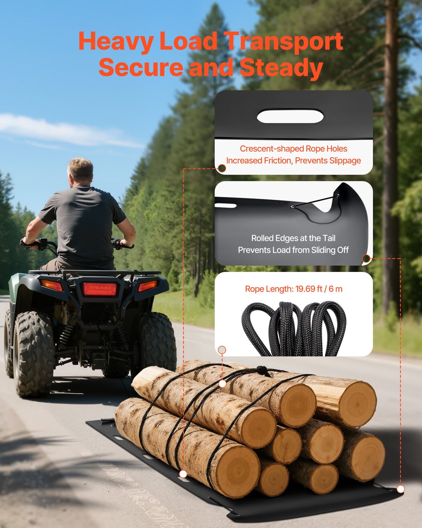 Yard Drag Sled, 280 x 117.5 cm, 907 kg Heavy Duty Utility Sled, HDPE Drag Glider with Ropes & Pull Cable, Dual Use Game Hauler for Firewood Ice Fishing, Compatible with ATVs UTVs Tractors