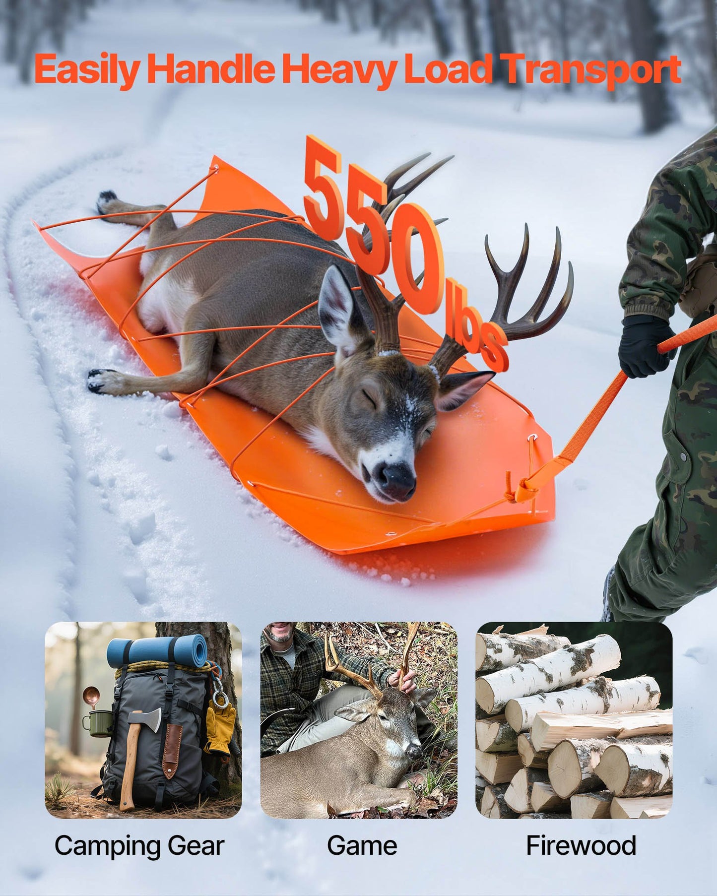 Deer Drag Sled, 185 x 58 cm, 250 kg Heavy Duty Yard Utility Sled, Tear-Resistant PE Drag Glider Mat with Ropes & Handle, Thickened Game Hauler for Firewood Ice Fishing Hauling Hunting