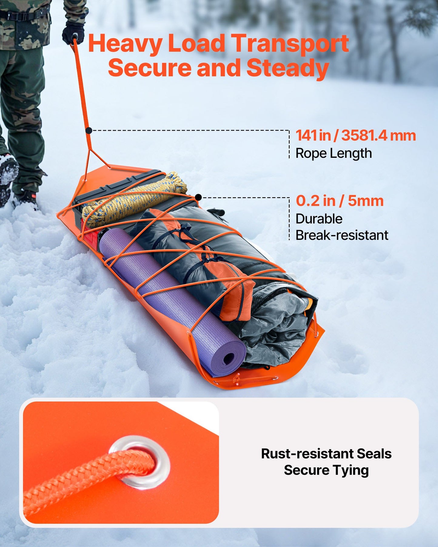 Deer Drag Sled, 185 x 58 cm, 250 kg Heavy Duty Yard Utility Sled, Tear-Resistant PE Drag Glider Mat with Ropes & Handle, Thickened Game Hauler for Firewood Ice Fishing Hauling Hunting