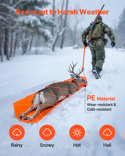 Deer Drag Sled, 185 x 58 cm, 250 kg Heavy Duty Yard Utility Sled, Tear-Resistant PE Drag Glider Mat with Ropes & Handle, Thickened Game Hauler for Firewood Ice Fishing Hauling Hunting