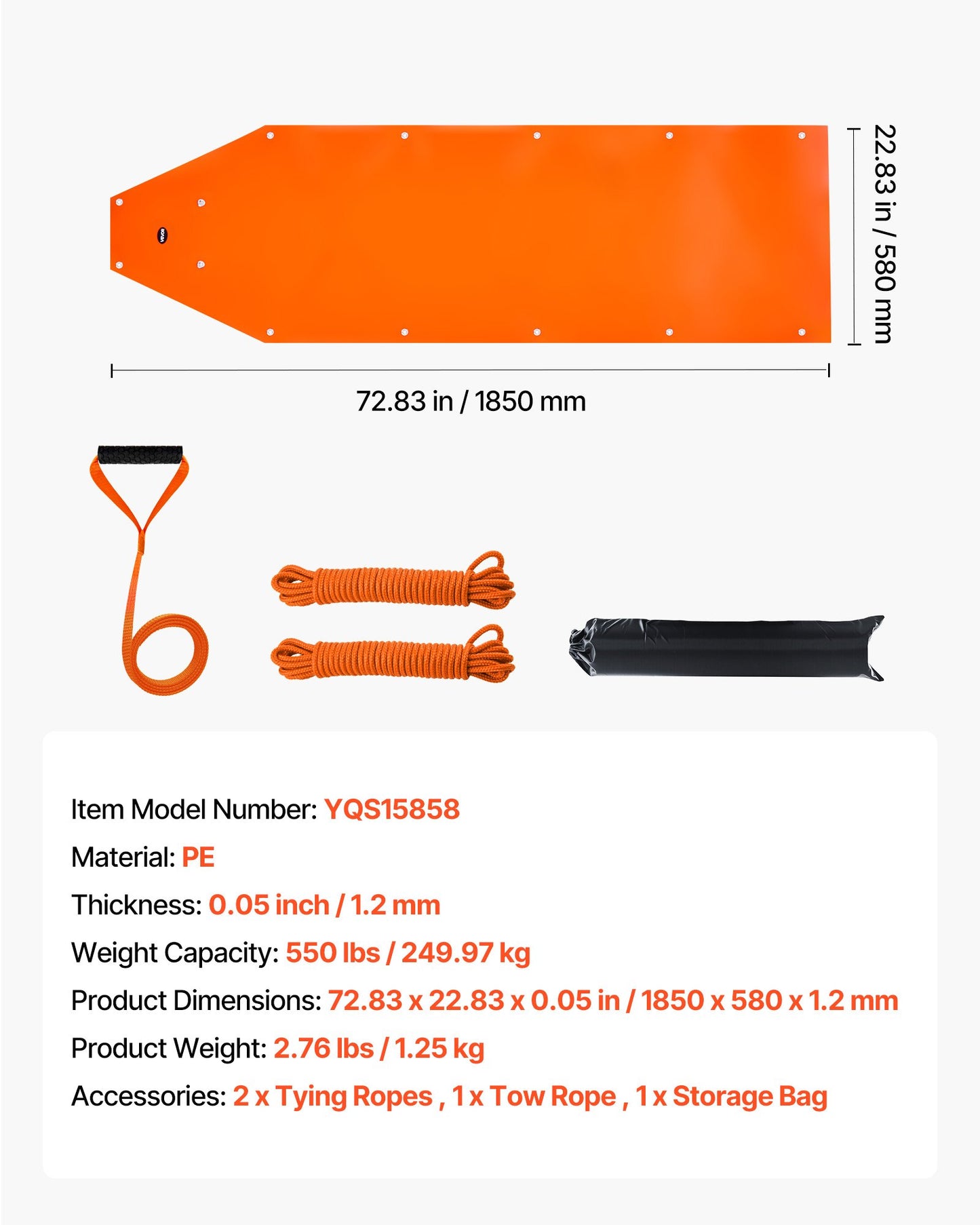 Deer Drag Sled, 185 x 58 cm, 250 kg Heavy Duty Yard Utility Sled, Tear-Resistant PE Drag Glider Mat with Ropes & Handle, Thickened Game Hauler for Firewood Ice Fishing Hauling Hunting