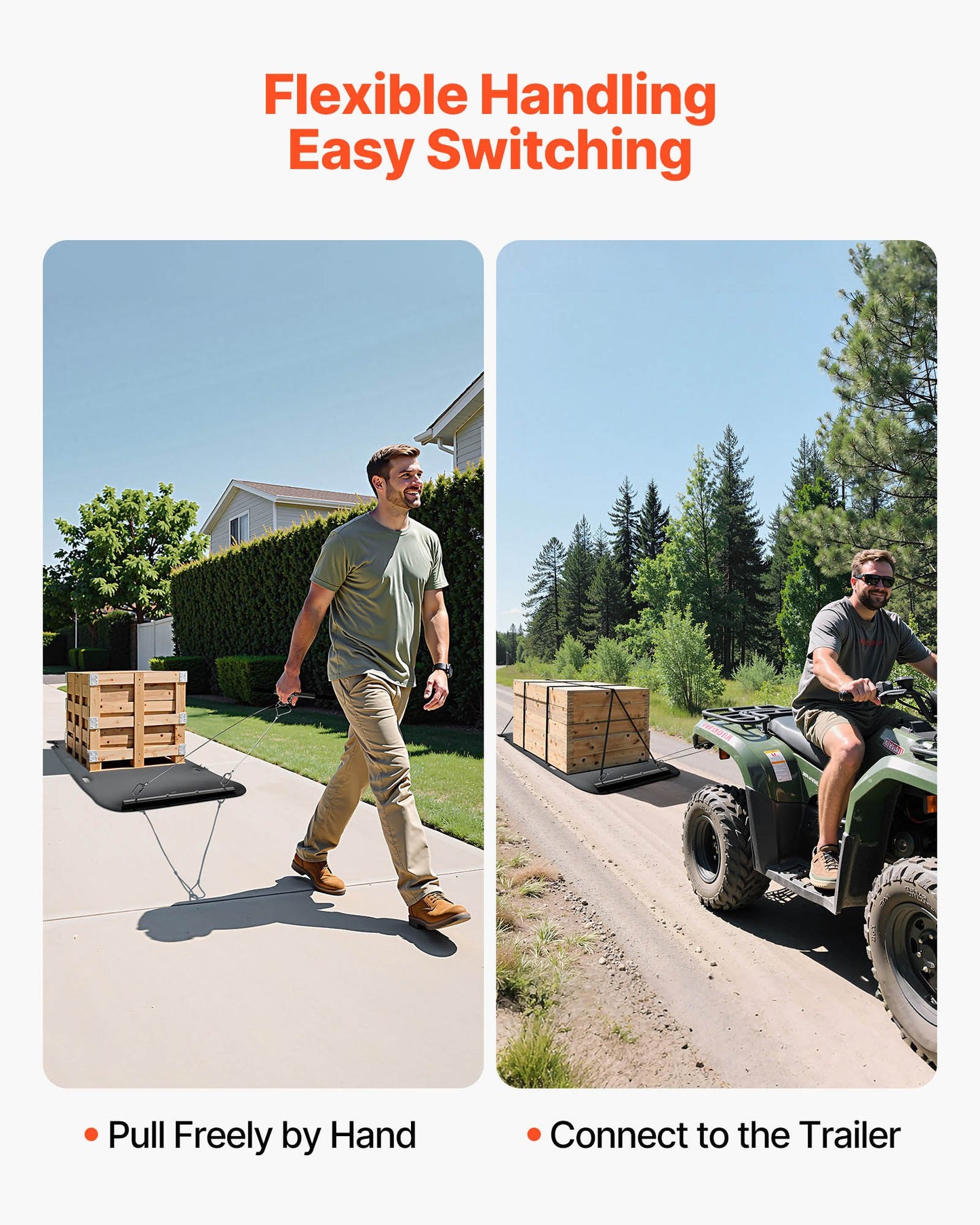Yard Drag Sled, 230 x 117.5 cm, 680 kg Heavy Duty Utility Sled, HDPE Drag Glider with Ropes & Pull Cables, Hand & Vehicle Use Game Hauler for Firewood Ice Fishing, Compatible with ATVs UTVs Tractors
