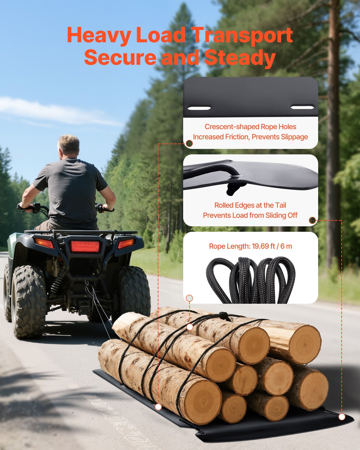 Yard Drag Sled, 230 x 117.5 cm, 680 kg Heavy Duty Utility Sled, HDPE Drag Glider with Ropes & Pull Cables, Hand & Vehicle Use Game Hauler for Firewood Ice Fishing, Compatible with ATVs UTVs Tractors