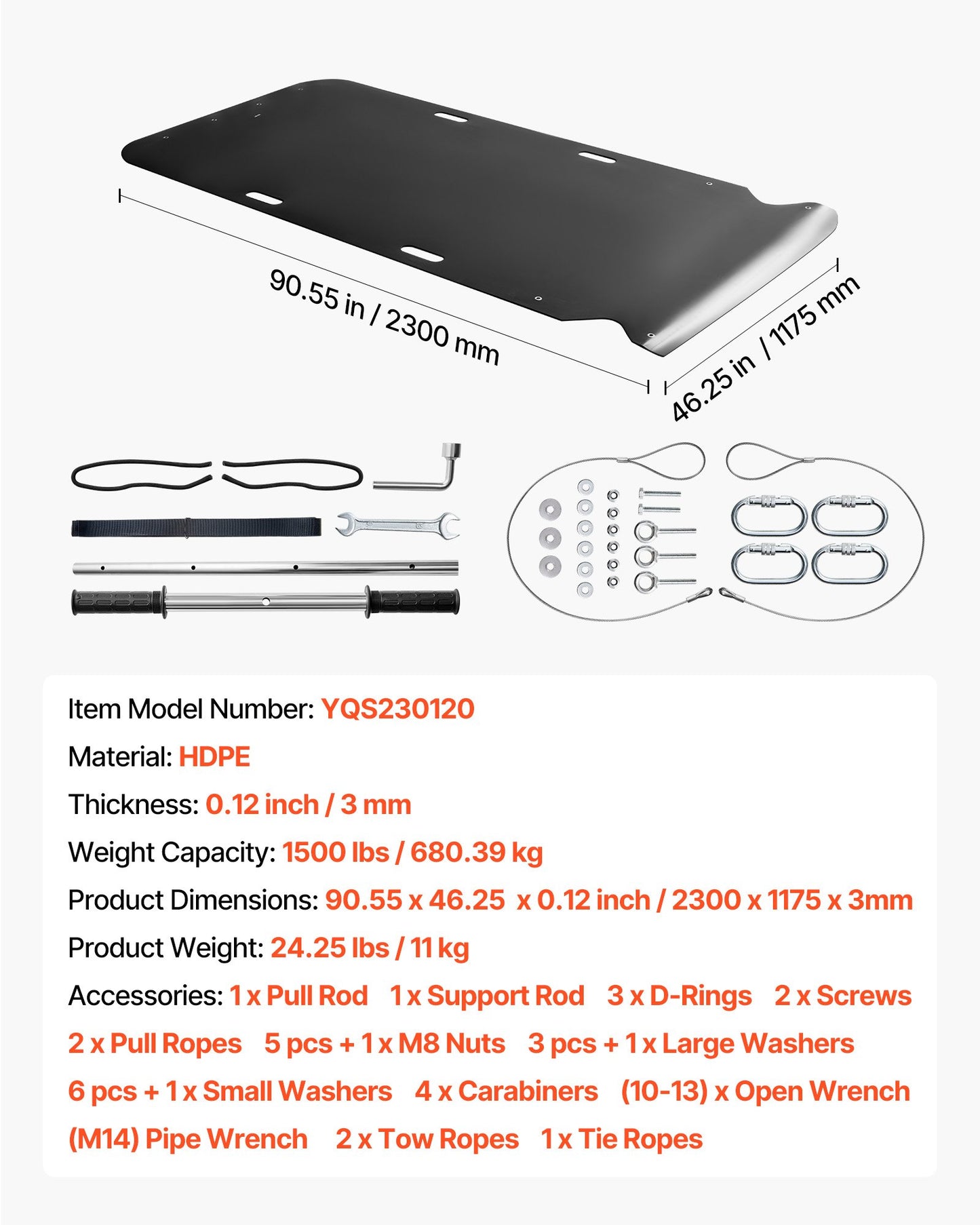 Yard Drag Sled, 230 x 117.5 cm, 680 kg Heavy Duty Utility Sled, HDPE Drag Glider with Ropes & Pull Cables, Hand & Vehicle Use Game Hauler for Firewood Ice Fishing, Compatible with ATVs UTVs Tractors