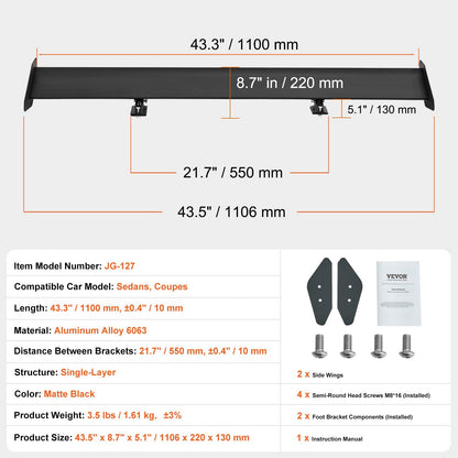 Universal GT Style Adjustable Rear Spoiler, 1.1m Matte Black Aluminum Wing