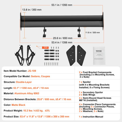 VEVOR GT Wing Car Spoiler, 53.1 inch Universal Spoiler with Double Deck, Adjustable