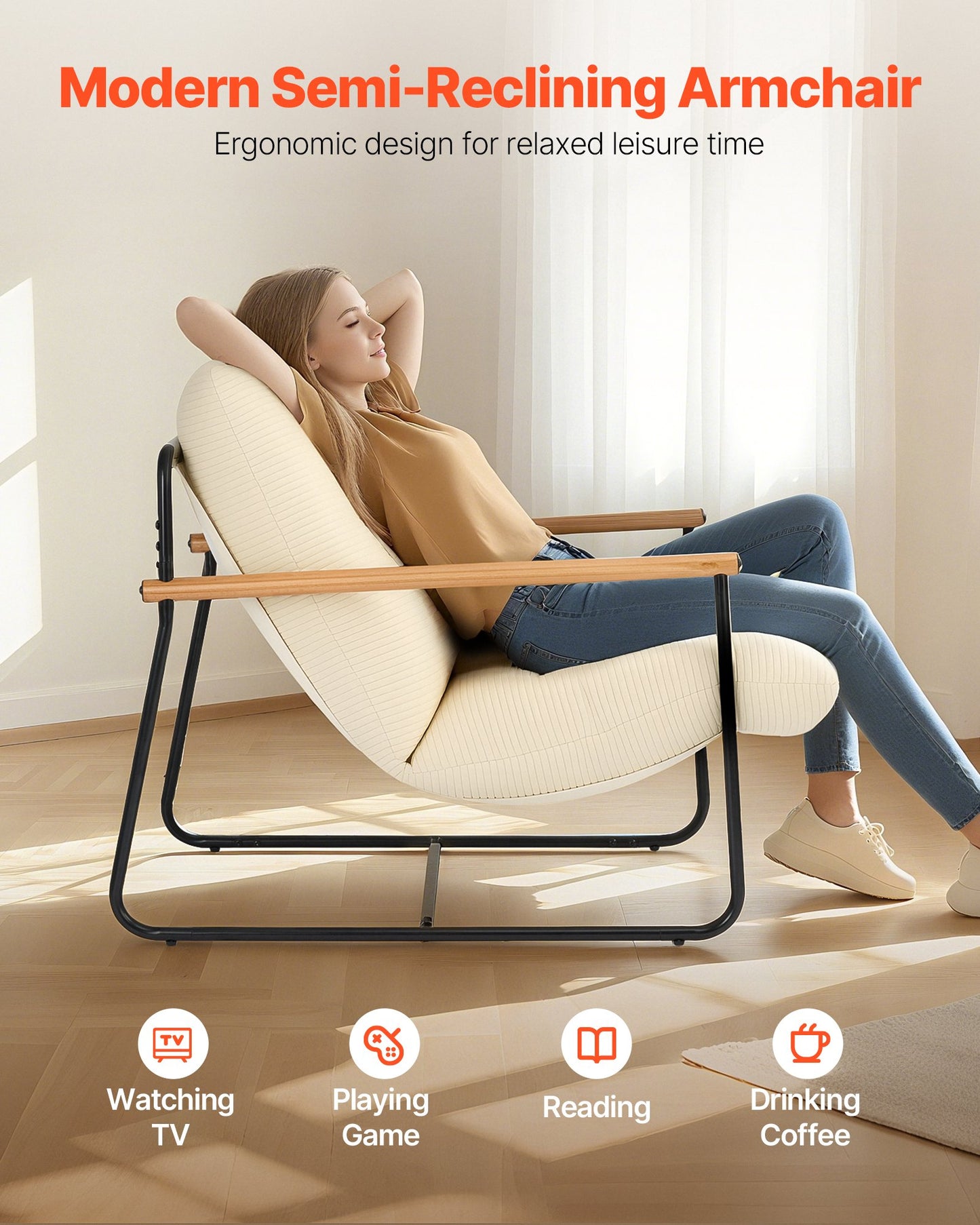 Accent Chair, Metal Framed Chair with Wooden Armrests, Modern Cozy Upholstered Armchair, with Soft Foam Cushioning, Detachable Cushion, for Living Room, Bedroom, Reading Room, Office, Beige