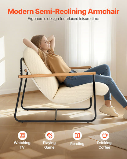 Accent Chair, Metal Framed Chair with Wooden Armrests, Modern Cozy Upholstered Armchair, with Soft Foam Cushioning, Detachable Cushion, for Living Room, Bedroom, Reading Room, Office, Beige