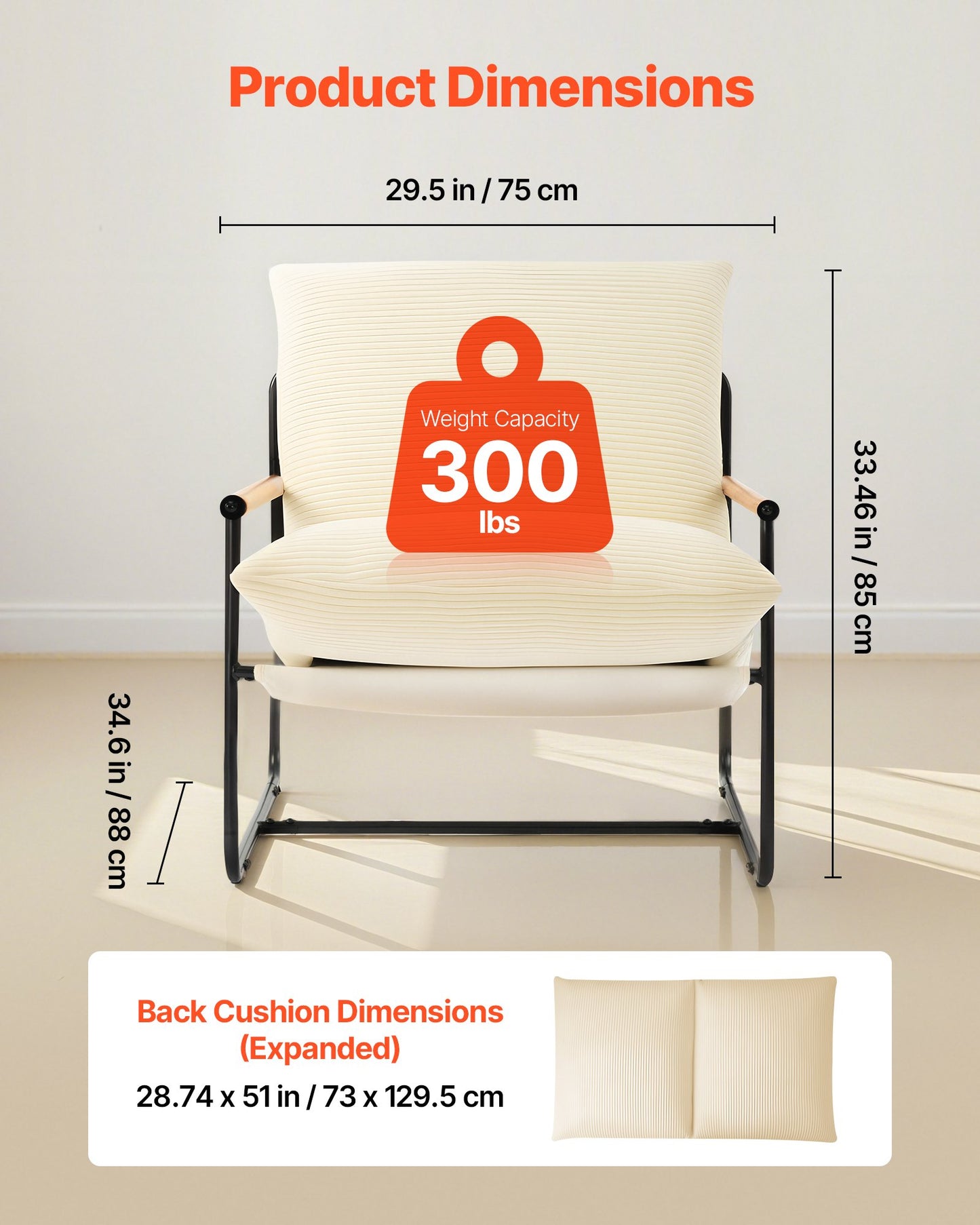 Accent Chair, Metal Framed Chair with Wooden Armrests, Modern Cozy Upholstered Armchair, with Soft Foam Cushioning, Detachable Cushion, for Living Room, Bedroom, Reading Room, Office, Beige