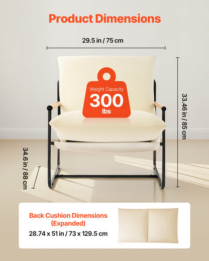Accent Chair, Metal Framed Chair with Wooden Armrests, Modern Cozy Upholstered Armchair, with Soft Foam Cushioning, Detachable Cushion, for Living Room, Bedroom, Reading Room, Office, Beige