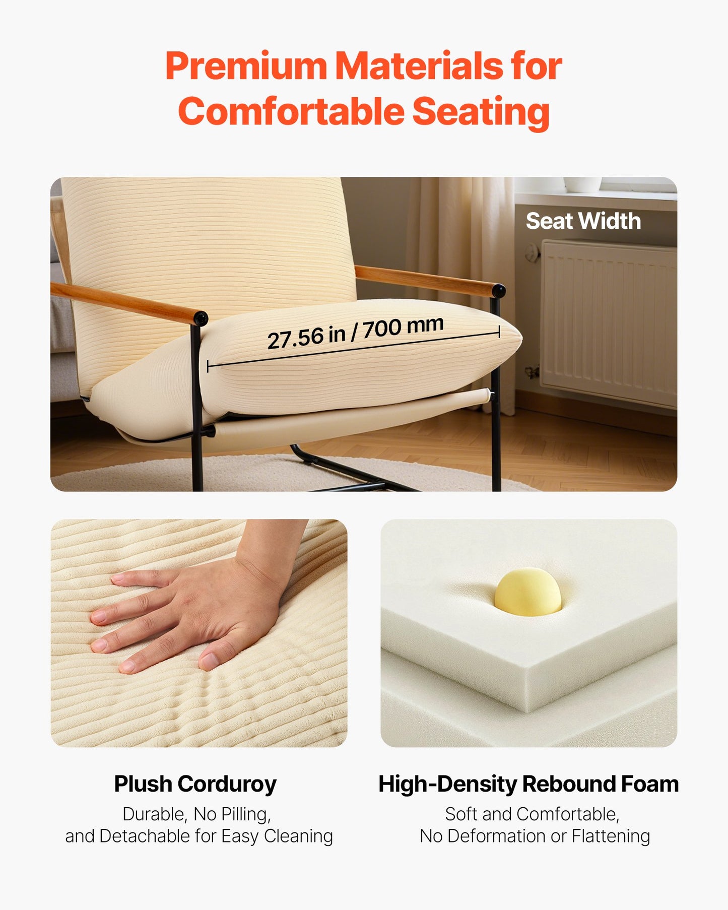 Accent Chair, Metal Framed Chair with Wooden Armrests, Modern Cozy Upholstered Armchair, with Soft Foam Cushioning, Detachable Cushion, for Living Room, Bedroom, Reading Room, Office, Beige