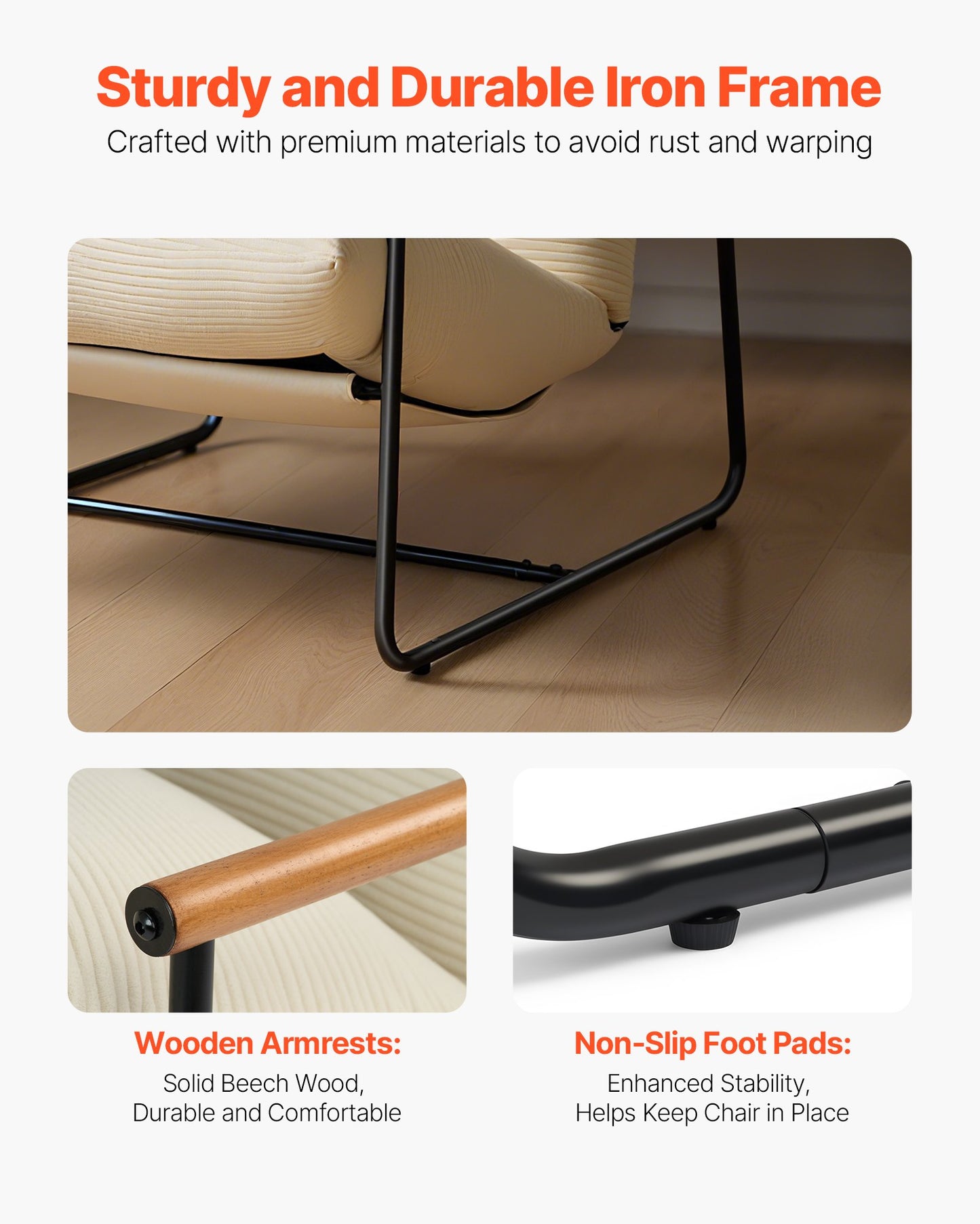 Accent Chair, Metal Framed Chair with Wooden Armrests, Modern Cozy Upholstered Armchair, with Soft Foam Cushioning, Detachable Cushion, for Living Room, Bedroom, Reading Room, Office, Beige