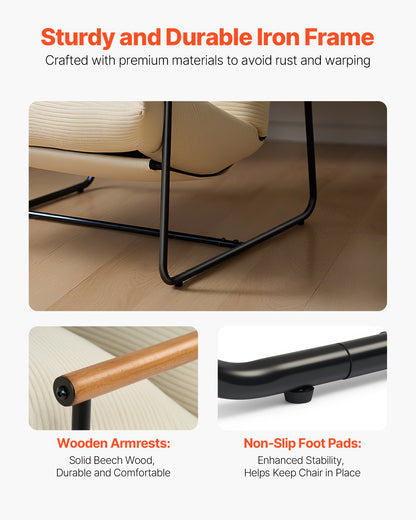 Accent Chair, Metal Framed Chair with Wooden Armrests, Modern Cozy Upholstered Armchair, with Soft Foam Cushioning, Detachable Cushion, for Living Room, Bedroom, Reading Room, Office, Beige