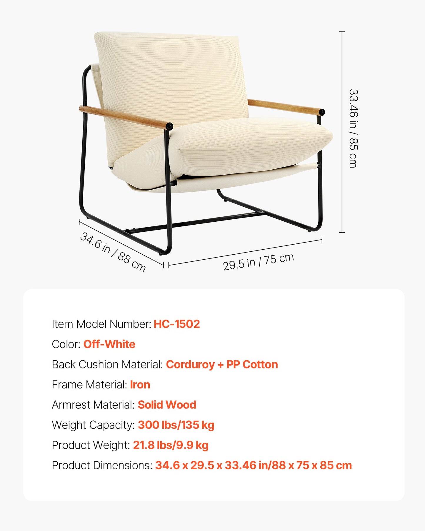 Accent Chair, Metal Framed Chair with Wooden Armrests, Modern Cozy Upholstered Armchair, with Soft Foam Cushioning, Detachable Cushion, for Living Room, Bedroom, Reading Room, Office, Beige