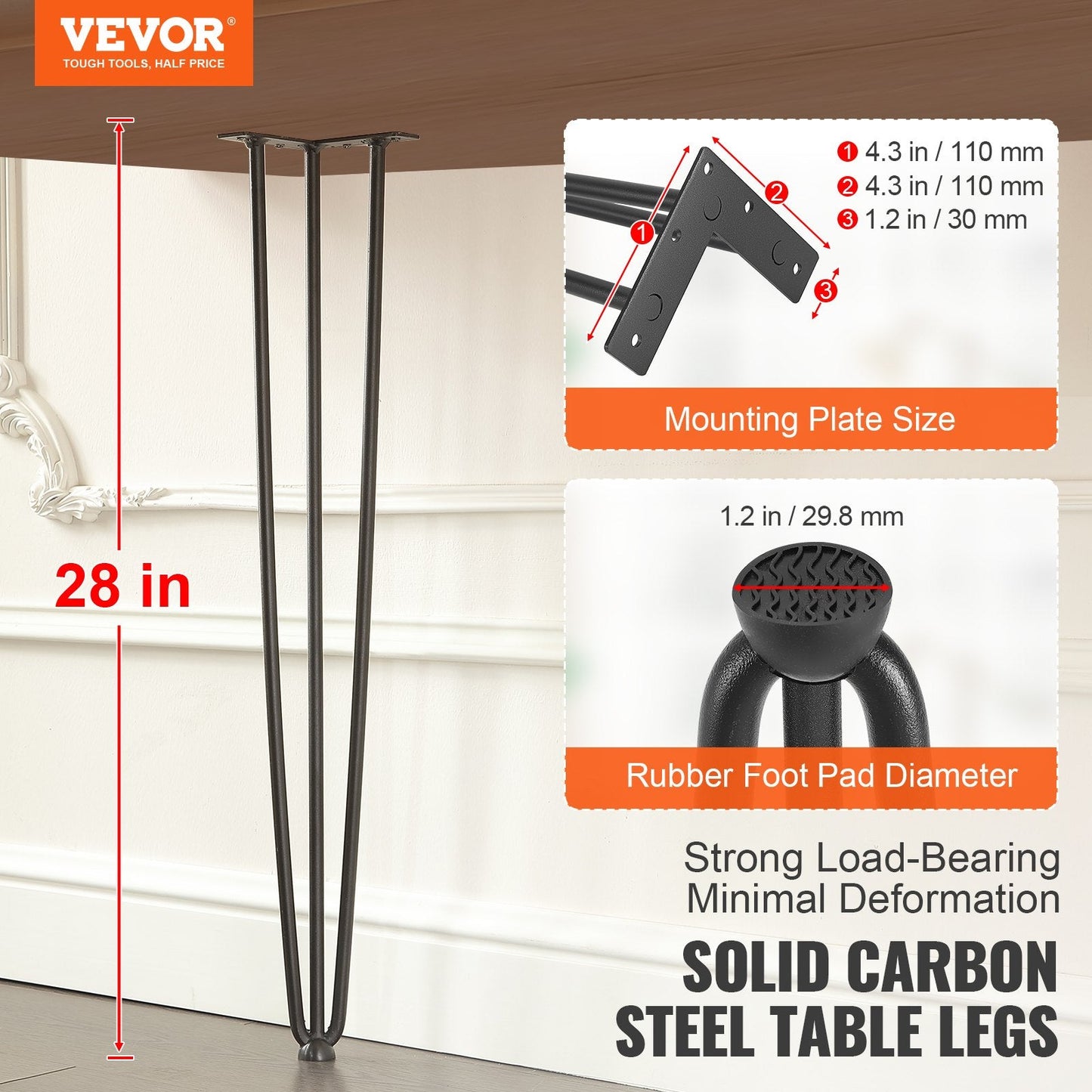 Heavy Duty 0.7M Hairpin Table Legs, Set of 4, 408KG Capacity, Carbon Steel