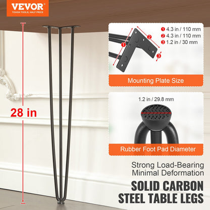 Heavy Duty 0.7M Hairpin Table Legs, Set of 4, 408KG Capacity, Carbon Steel