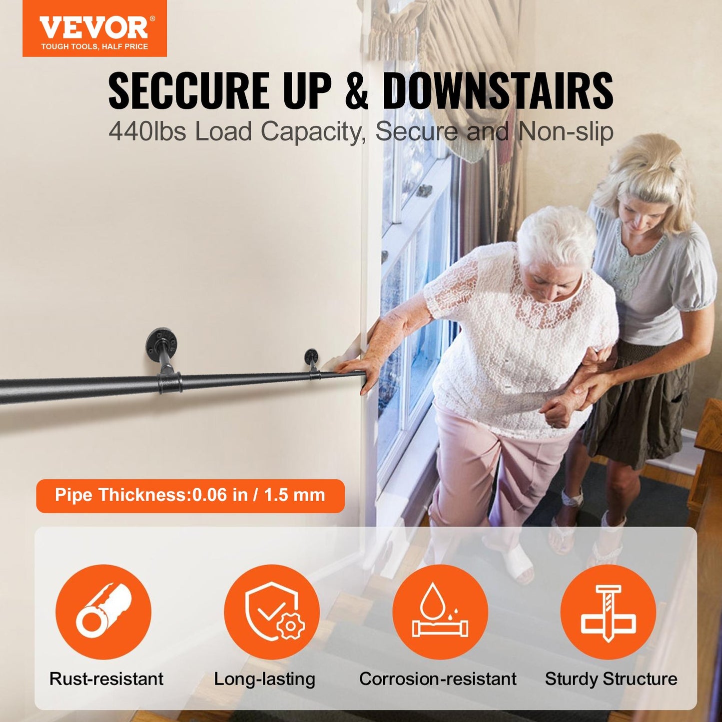 Pipe Stair Handrail, 3m Staircase Handrail, 200KG Load Capacity Carbon Steel Pipe Handrail, Industrial Pipe Handrail with Wall Mount Support, Round Corner Wall Handrailing for Indoor, Outdoor