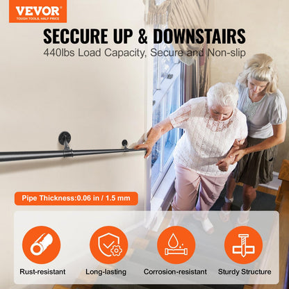 Pipe Stair Handrail, 3m Staircase Handrail, 200KG Load Capacity Carbon Steel Pipe Handrail, Industrial Pipe Handrail with Wall Mount Support, Round Corner Wall Handrailing for Indoor, Outdoor