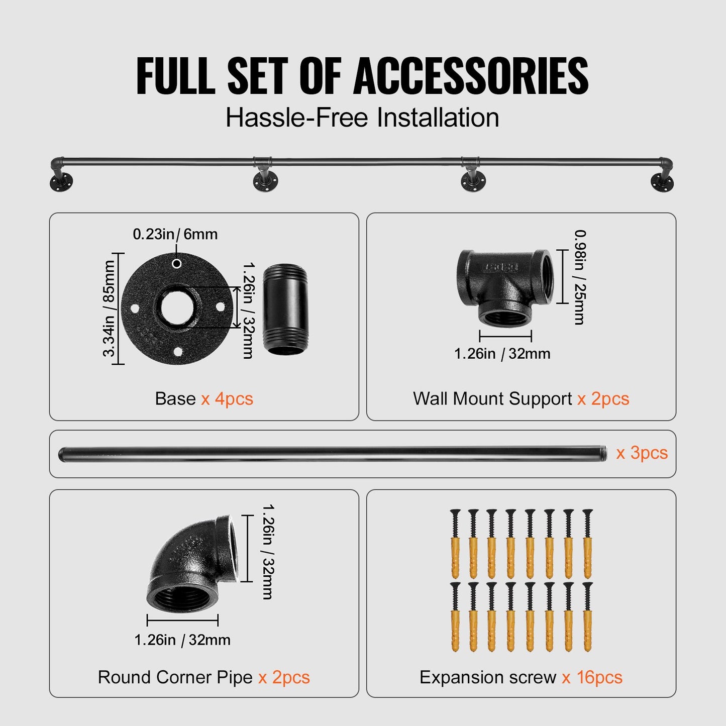 Pipe Stair Handrail, 3m Staircase Handrail, 200KG Load Capacity Carbon Steel Pipe Handrail, Industrial Pipe Handrail with Wall Mount Support, Round Corner Wall Handrailing for Indoor, Outdoor
