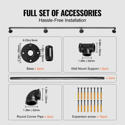 Pipe Stair Handrail, 3m Staircase Handrail, 200KG Load Capacity Carbon Steel Pipe Handrail, Industrial Pipe Handrail with Wall Mount Support, Round Corner Wall Handrailing for Indoor, Outdoor