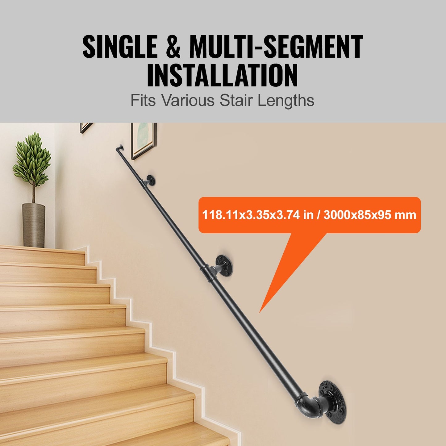 Pipe Stair Handrail, 3m Staircase Handrail, 200KG Load Capacity Carbon Steel Pipe Handrail, Industrial Pipe Handrail with Wall Mount Support, Round Corner Wall Handrailing for Indoor, Outdoor