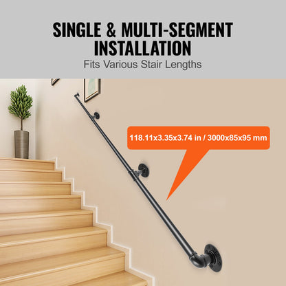Pipe Stair Handrail, 3m Staircase Handrail, 200KG Load Capacity Carbon Steel Pipe Handrail, Industrial Pipe Handrail with Wall Mount Support, Round Corner Wall Handrailing for Indoor, Outdoor