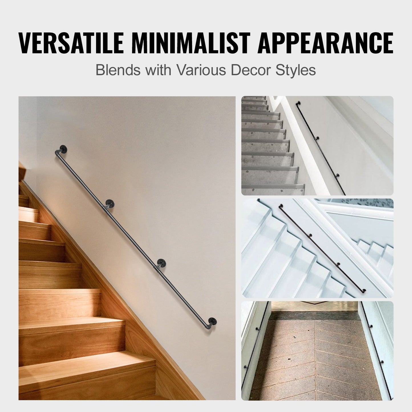 Pipe Stair Handrail, 3m Staircase Handrail, 200KG Load Capacity Carbon Steel Pipe Handrail, Industrial Pipe Handrail with Wall Mount Support, Round Corner Wall Handrailing for Indoor, Outdoor