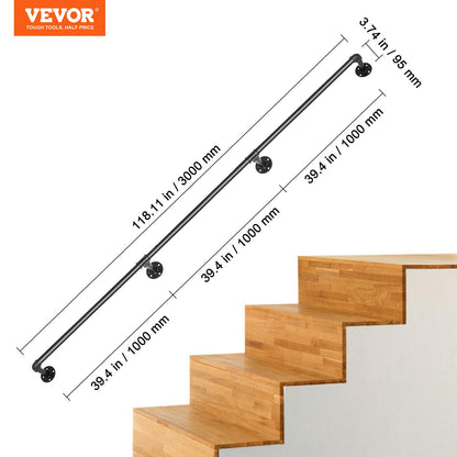 Pipe Stair Handrail, 3m Staircase Handrail, 200KG Load Capacity Carbon Steel Pipe Handrail, Industrial Pipe Handrail with Wall Mount Support, Round Corner Wall Handrailing for Indoor, Outdoor