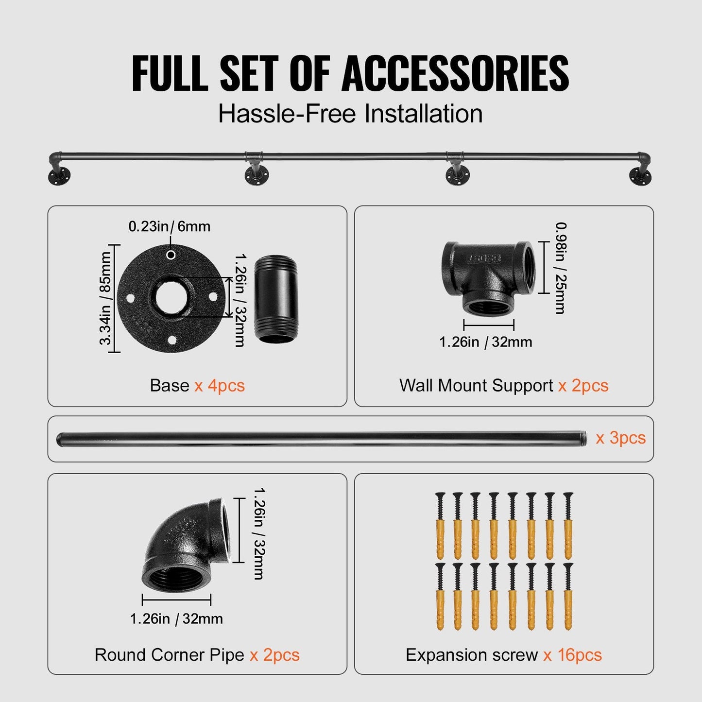 11FT Industrial Carbon Steel Stair Handrail, 200kg Load, 3.3m Length, Black