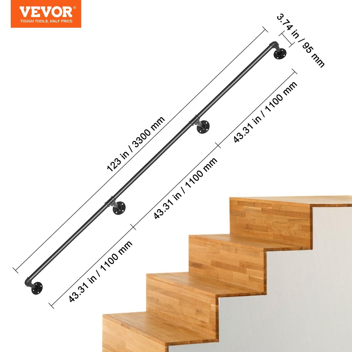 11FT Industrial Carbon Steel Stair Handrail, 200kg Load, 3.3m Length, Black