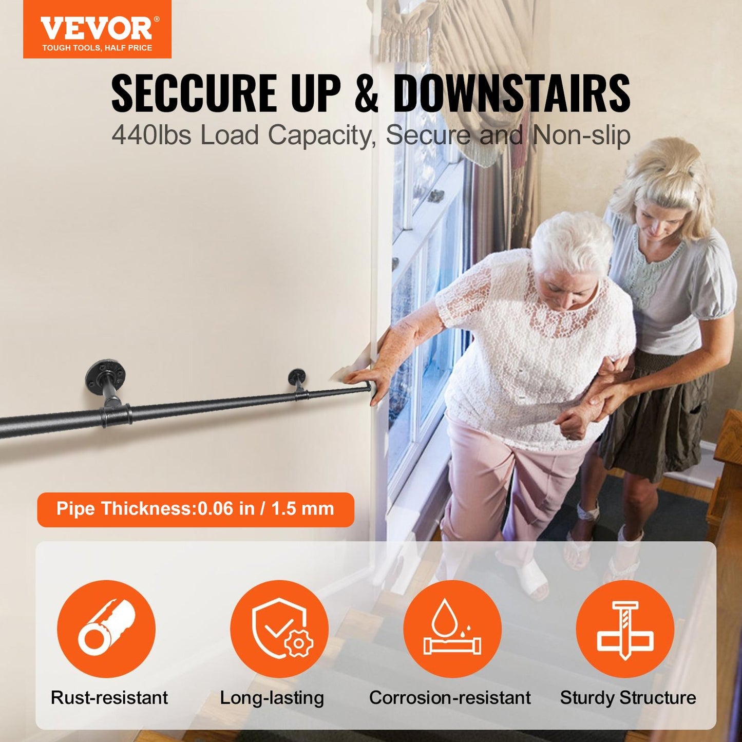 Pipe Stair Handrail, 3.96m Staircase Handrail, 200KG Load Capacity Carbon Steel Pipe Handrail, Industrial Pipe Handrail with Wall Mount Support, Round Corner Wall Handrailing for Indoor, Outdoor