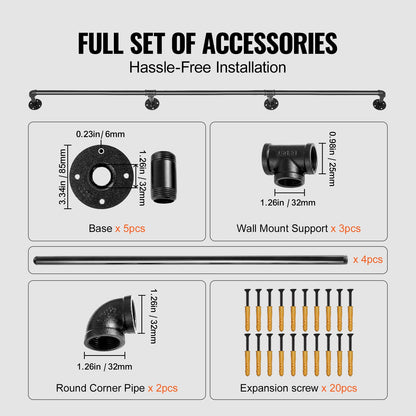 Pipe Stair Handrail, 3.96m Staircase Handrail, 200KG Load Capacity Carbon Steel Pipe Handrail, Industrial Pipe Handrail with Wall Mount Support, Round Corner Wall Handrailing for Indoor, Outdoor